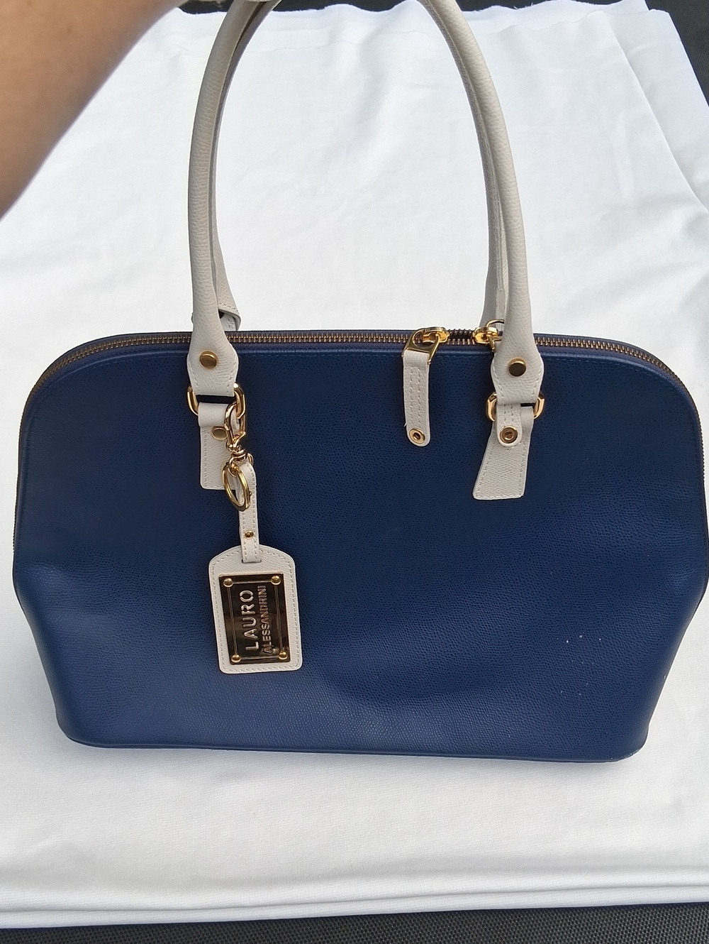 LAURO Navy and Cream Structured Dome Satchel